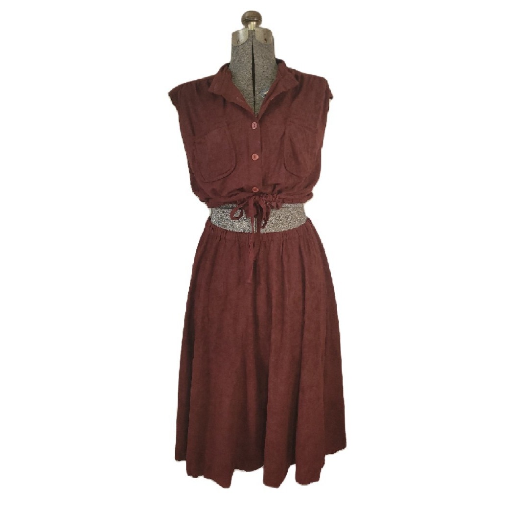 Vintage 70s Oops California 2 Piece Skirt Set Top Rust Brown Midi Button Up S/M